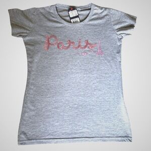 Air de Paris Gray Short Sleeve Tee with Pink Sequin Paris Motif Women's Size S